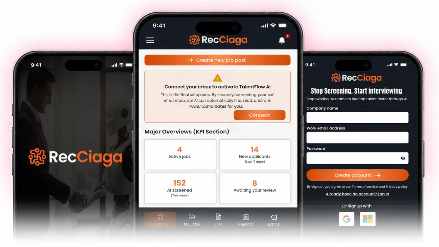 RecCiaga AI Recruitment app screens